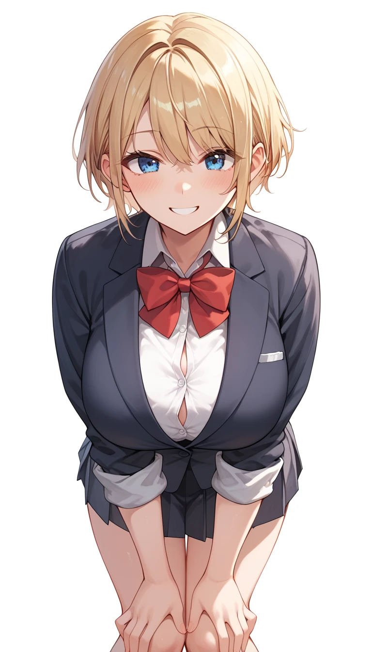 solo、((Huge breasts))、Blonde、Very short hair、blue eyes、Narrow waist、student、Navy blue blazer、slacks、necktie、Tall、Red cheeks、Perm、A confident smile、Standing with hands on hips