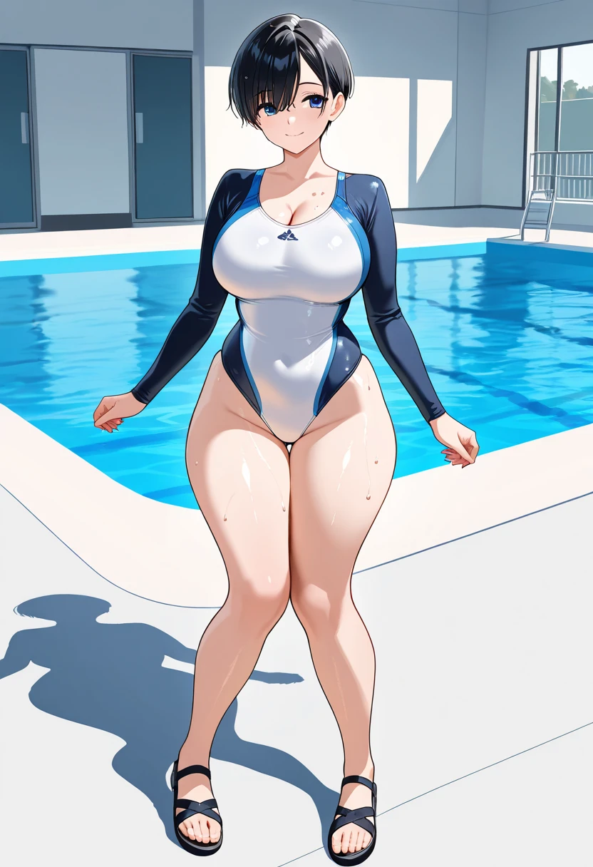 ((Top Quality, 8K, Masterpiece: 1.3)), 1 Girl, Slim, Brown-haired, Medium Bob, Big: 1.2, White Gym Clothes, Navy Blue Bloomers, (Ultra Slender Face, Delicate Eyes, Double Eyelids, Smile: 1.0), Bed, (Nipple Slip: 1.4), (Open Legs: 1.0), Hands Behind the Head,very large udder、