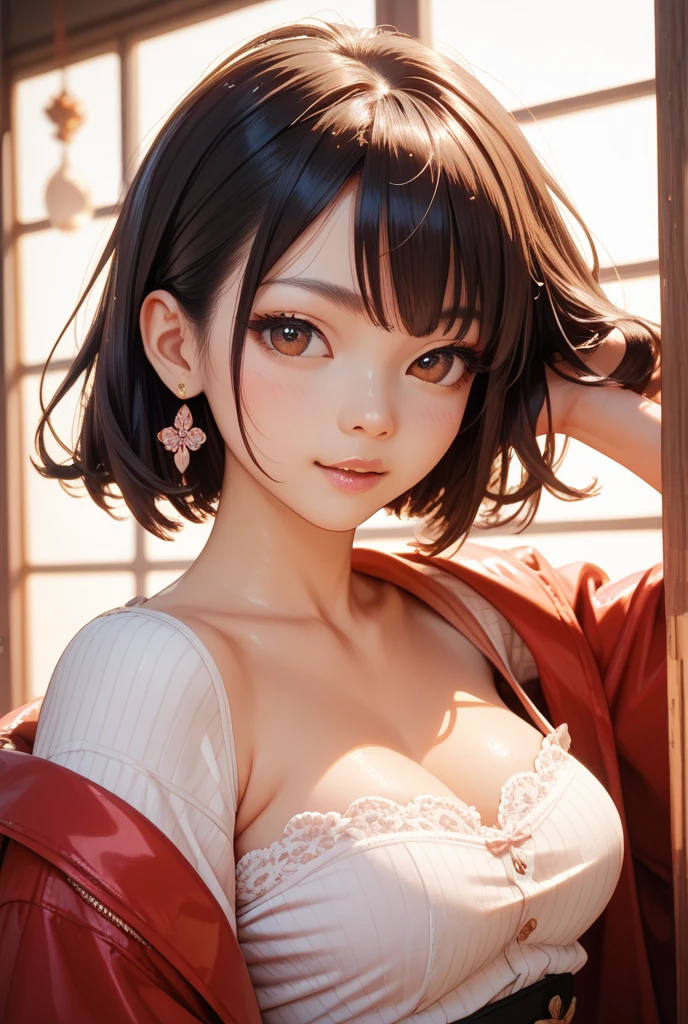 ((Highest quality)), ((masterpiece)), (detailed), One person, sexy,Red sleeve、Oiran、Black Hair、Shortcuts、Big Breasts、Japanese、20th Generation、beautiful girl、In a Japanese-style room、Lying down、I can see her white panties、I want you to kiss me