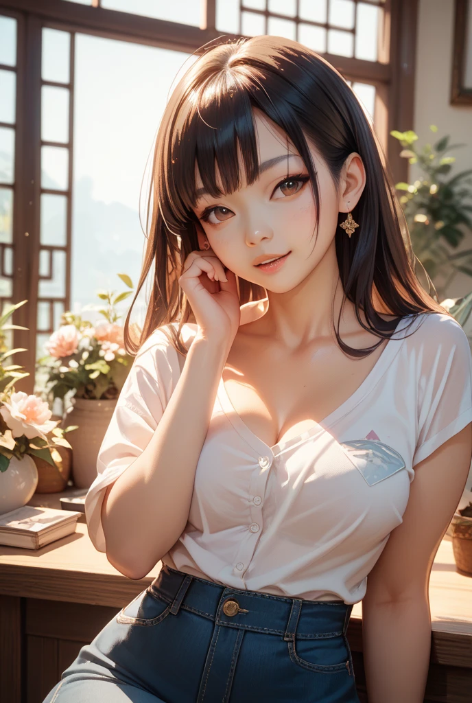 (1 front photo), beautiful face, Highly detailed face and skin texture, fine eyes, fine eyes, brown eyes, double eyelid, thin eyebrows, glitter eyeliner: 1.2, natural cheeks, shiny skin, white skin: 1.2, shiny necklace and earrings, (glossy lips: 1. 4), (enchanting smile), (20-year-old), (high ponytail, wavy hair, brown hair, diagonal bangs), medium long hair, ((upper body shot)), (Focus on the chest and face), medium to large breasts, perky chest, (at work)).