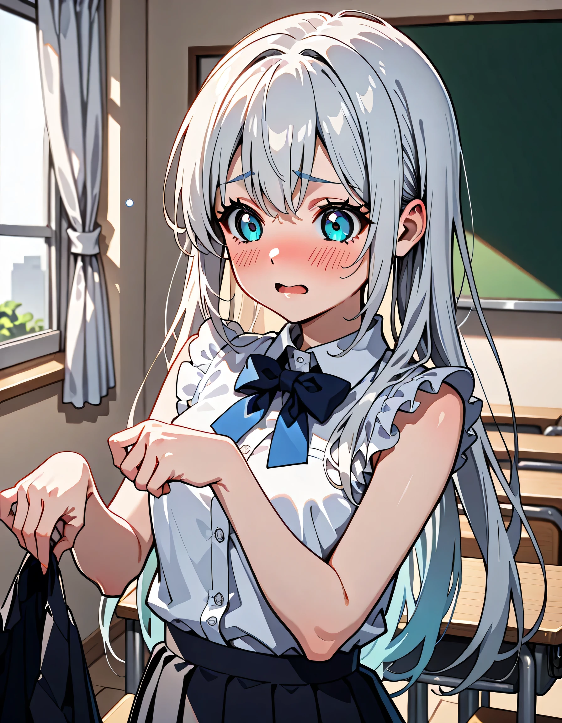 (score_9, score_8_up, score_7_up), source_Anime, absurd_res, white, blue, black, 2girls:1.3, duo, upper body, super fine illustration, an extremely delicate and beautiful, best quality, masterpiece, 8K, spring setting, in the classroom, (long silver hair), (two side-up), (blue eyes), ultra-beautiful girl, (long black hair), (half updo:1.2), brown eyes, (wearing glasses:1.2), (round eyewear:1.2), ultra-beautiful girl, blushing faces, surprised expression, embarrassed reaction, skirts lifting from sudden wind, hands desperately holding skirts down, dynamic pose, soft fabric movement, warm and bright atmosphere, soft lighting, delicate color palette, detailed clothing folds, flowing hair, lively spring vibe, highly detailed rendering, breathtaking composition,