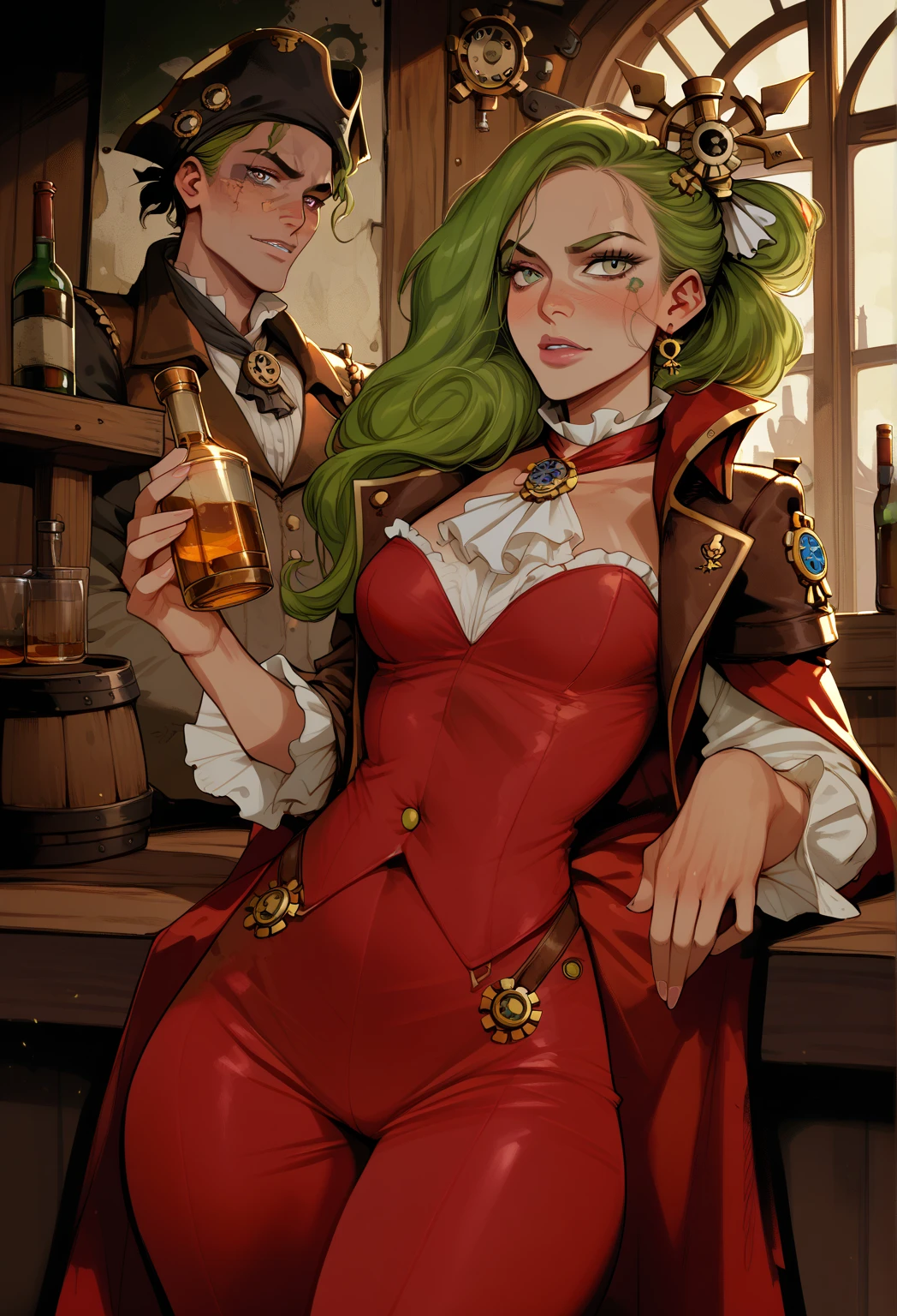 a naked handsome young pirate woman based on Kim Kardashian, she is walking in a swamp, she has short red hair, she has mysterious runes all over her body, French Renaissance painting style, cinematic, fantasy illustration, that showcases the best quality,4k,8k,highres,masterpiece:1.2,ultra-detailed,realistic:1.37,HDR,studio lighting,ultra-fine painting,sharp focus,physically-based rendering,extreme detail description,professional,vivid colors,bokeh,colorful and vibrant atmosphere