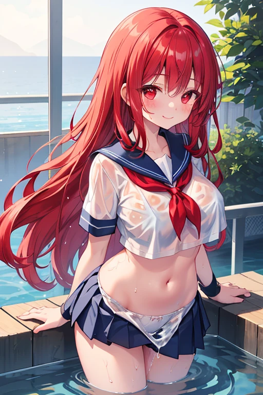 ((masterpiece)), ((best quality)), ((4K)), girl, red long hair, blue eyes, hair pics of star, pinch hemline of shirts, naughty smile, brush, bare midriff