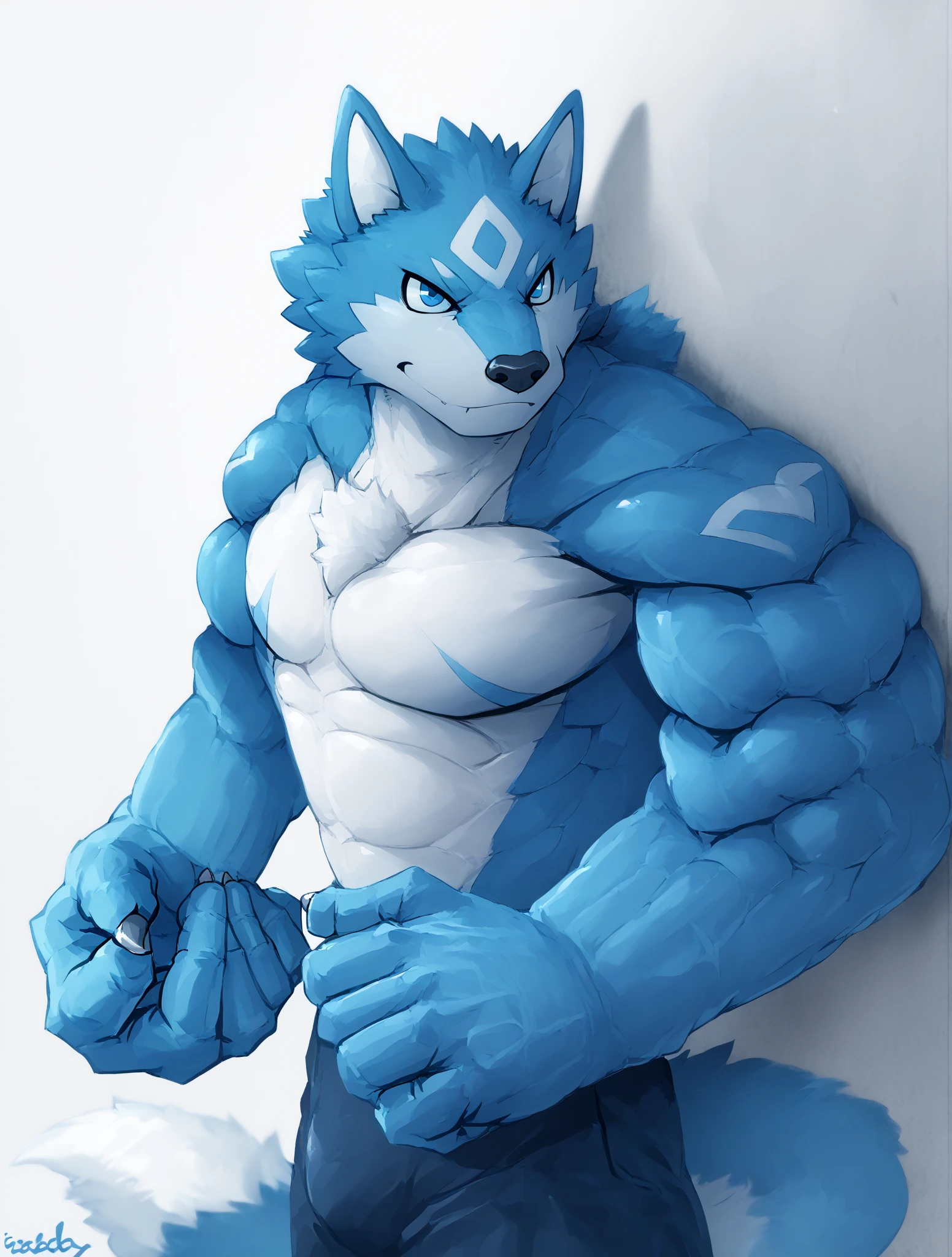 by zixiong, (1boy), solo, male, kemono, (blue wolf), white coutershading, (naked), handsome, muscular, adult, hunk, hot body, (detailed black eyes), detailed face, white eyebrows, (1 detailed big hard white penis erection), balls, thick body, nipples, full body, pectoral, 6-pack abs, masterpiece, high res, best quality, 8k, nsfw, lineart, detailed shade, simple background, dynamic