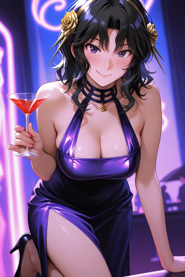 sovetsky_Soyuz, grey hair,messy hair bun, choker, necklace, bracelets, bare shoulder, thighs, black dress, luxury dress, thigh holster, high heels, large breasts, cleavage, first rate breasts, grey eyes, sharp eyes, Long eyelashes, symmetrical eyes, eye shadow, ominous vibe, expressionless, smiling, relaxing, anime, aesthetic, Anime screenshot, Ultra quality, UHD, high detail, night, ballroom, champagne, party, full body