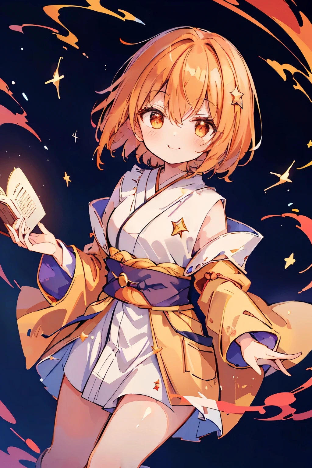 1 girl,(asymmetric hairstyle:1.3),(orange:1.2),(Hair cut only on the left side:1.4),((wizard's robe:1.2)),(japanese wear), ((opening a magic book)),(background with twinkling stars:1.35),waving in the wind,(proud smile),((Super high quality:1.5))