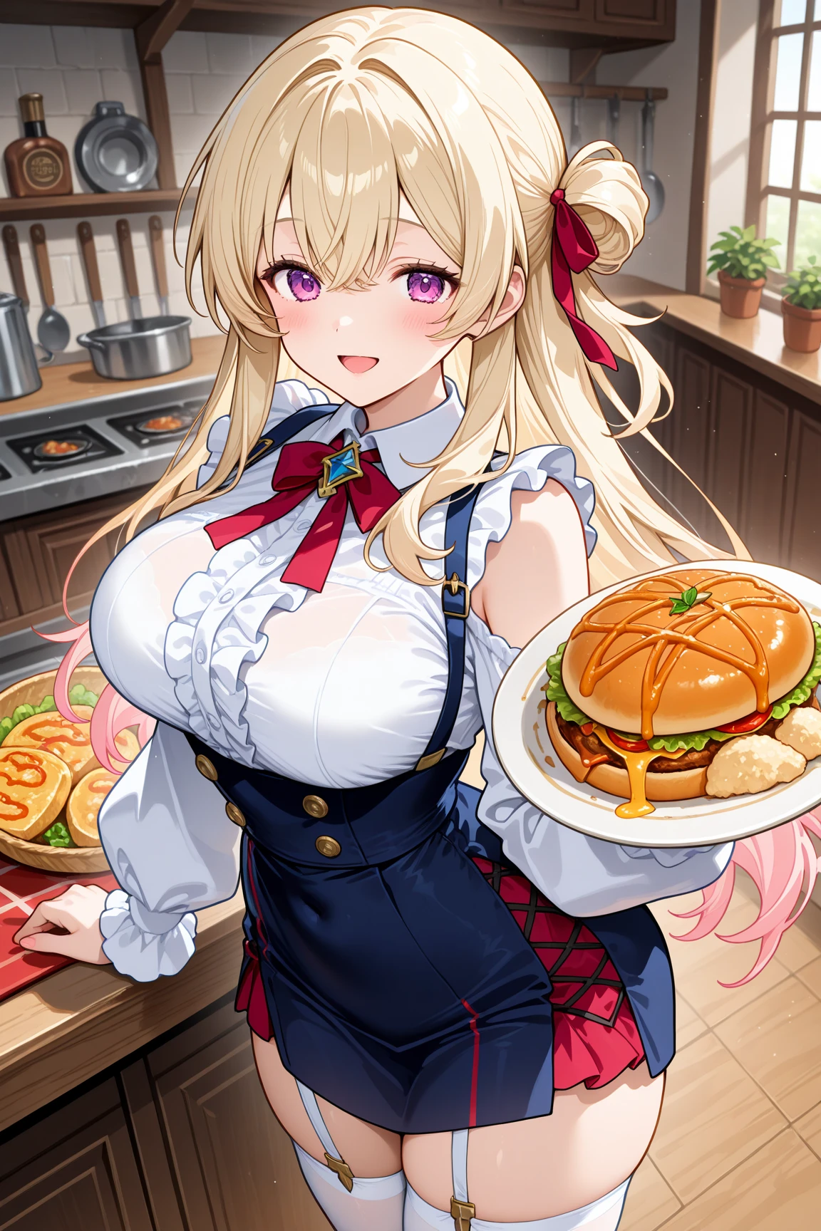 blush, glowing aura, natural light, masterpiece,  glossy skin, juicy lips , ,sexy, hot, ,  evil,juicy lips, bimbo, hour glass, blonde hair,  wide eyes, green eyes, massive boobs, dark lighting, long hair, pink bow, platform shoes, bow in hair, golden round glasses, sandy blonde hair, bimbo, cute, evil smile, no hair on forehead, no fringe, juicy lips,  red shirt, fast food worker, name tag, hat, scarf tie, yellow scarf tie, holding food and drink, holding tray of food, black striped jeans, ((licking own lips naughty face))