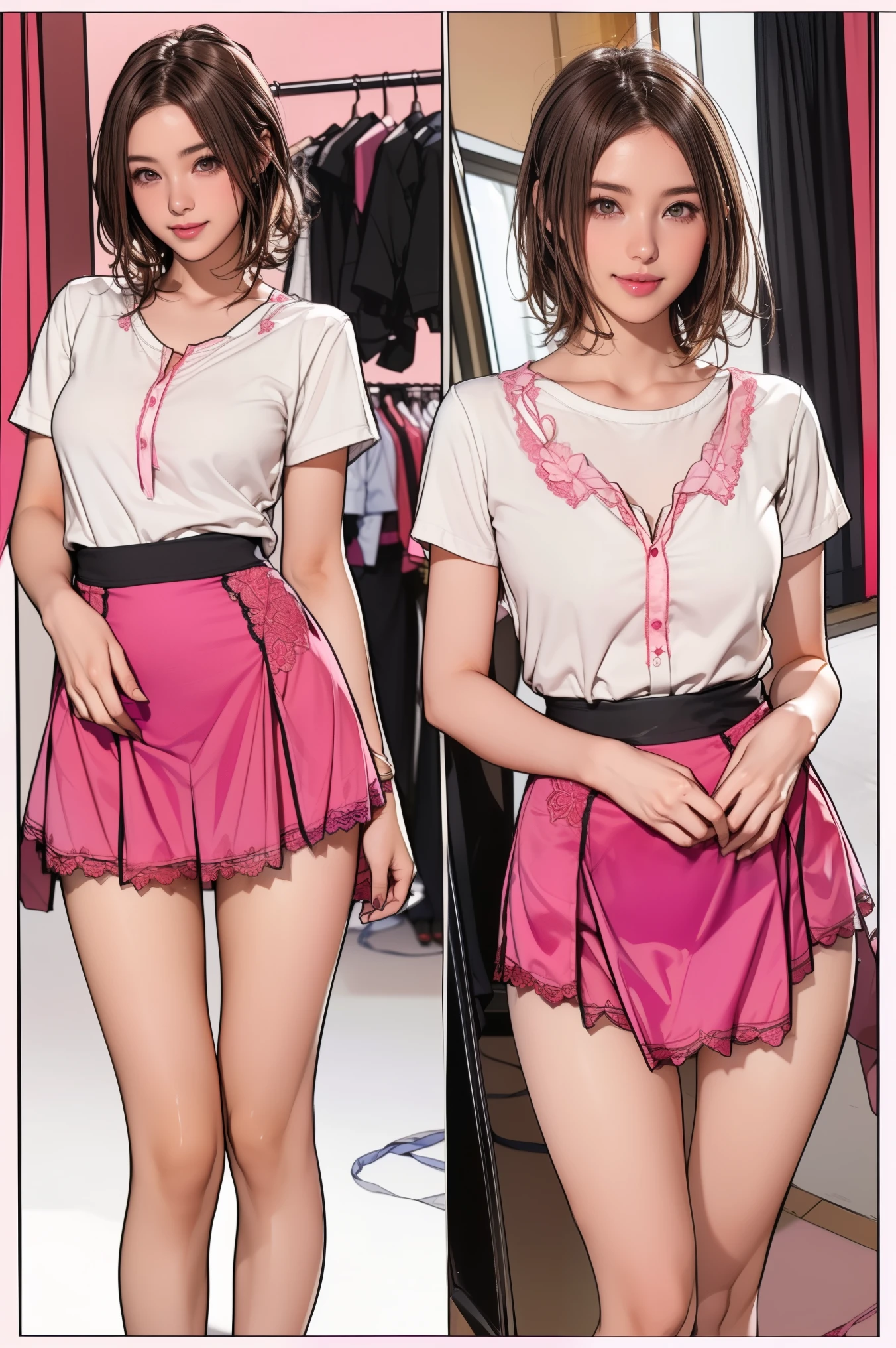 ((masterpiece)),(((Highest quality))),((Character design sheet)),Thin thighs,Long legs,A very cute 20 year old young woman from Japan.., ((Thin hair that is somewhere between brown and blonde)), ((Short hair with side waves)),Medium bust size、Small breasts、 (((Please wash your hands))),(Curly Hair),(((A very kind smile))), (((She wears pink, Red and magenta lace panties))),(((Wearing a black tight skirt, but、it is'turned over in her hands.))),(((He is wearing a black and white striped shirt.。))) Highly detailed lips, Beautiful Eyes, City Street,