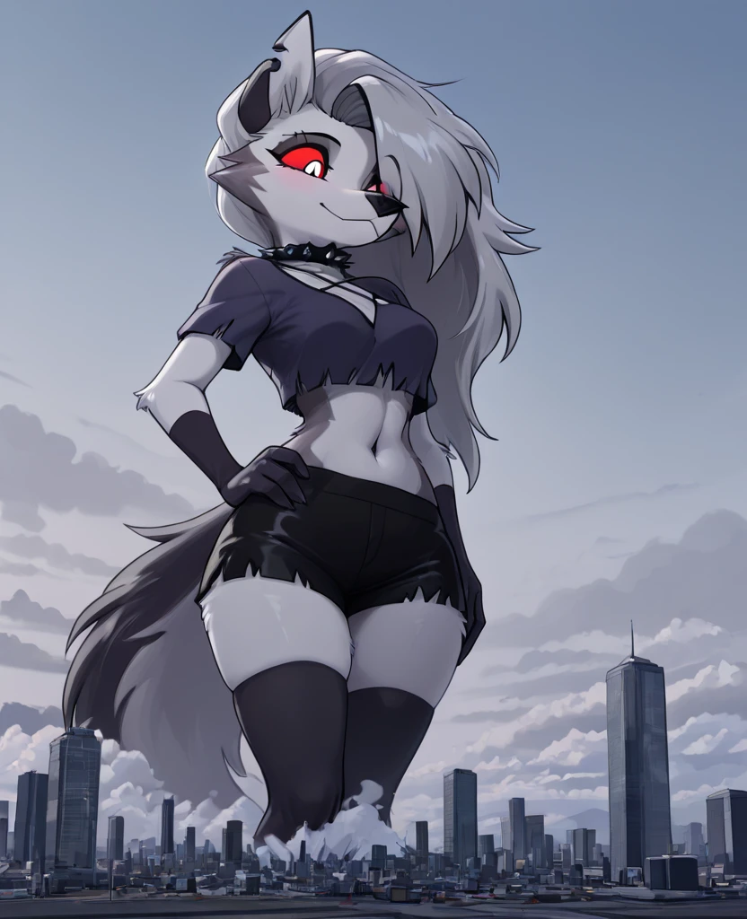 score_9_up,score_8_up,1girl,solo,amazing composition,incredible lighting,smiling,detailed background,<lora:Smooth Anime 2 Style SDXL_LoRA_Pony Diffusion V6 XL:1>,shiny skin,outdoors,loona_(helluva_boss),anthro,city in hell,sleeveless shirt,short shorts,