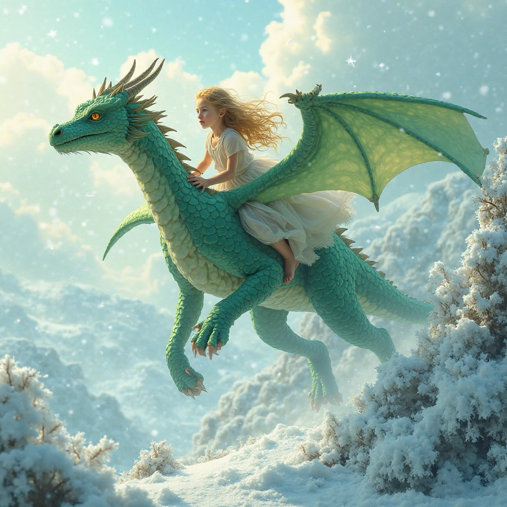 A young and charming female elf with flowing silver hair, wearing warm winter clothing made of green and brown fabrics stands with a healthy, small and light blue dragon by her side, flying through the village with wings spread wide. The villagers look on, smiling, while the village lights now glow brighter than ever in the fresh spring air."