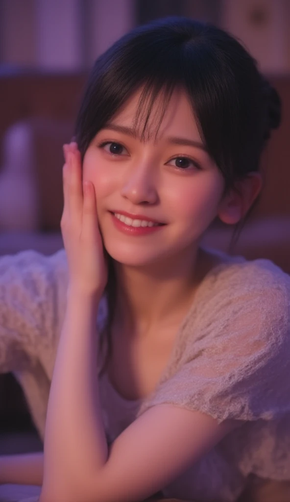8k, (Raw photo:1.2), (Photorealsitic), Beautiful detailed, Famous popular idol、 (Real: 1.4), extremely detailed eye and face, beatiful detailed eyes, ((Dazzling night illumination plaza:1.2)), ((Women's Suits:1.3, Ultra-realistic pantyhose:1.2))、selfee、Instagram、harsh trial、huge filesize, hight resolution, ighly detailed, top-quality, [​masterpiece:1.6], illustratio, ighly detailed, nsfw, finely detail, top-quality, 8k wallpaper, Cinematographic lighting, 1 milf, 19 year old, perfect body, Beautiful big drooping eyes, ((masutepiece)), Best Quality, eye shadow,  high-heels、Portrait、(Very affectionate smile:1.2)、realistic skin textures、shinny skin、Exposed thighs, low angle photo, inverted nipples, full body shot,