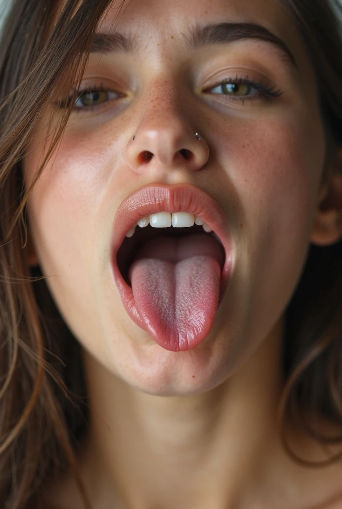 ,1 girl、Taylor Hill、1 girl、超High resolution, retina, Accurate, masterpiece, Anatomically correct, Super Detail, Textured skin, Attention to detail, high quality, High resolution, 8k、、Big double eyes、nose、The focus is on the mouth、close-up focus on face、Woman with open mouth and closed eyes、18-year-old、Black Hair、tongue out, tongue, traces of saliva, Drooling, Ahegao, long tongue, Verbal invitation, Pulling the hair back, Gray background,Half Backlight,Pilot uniform,