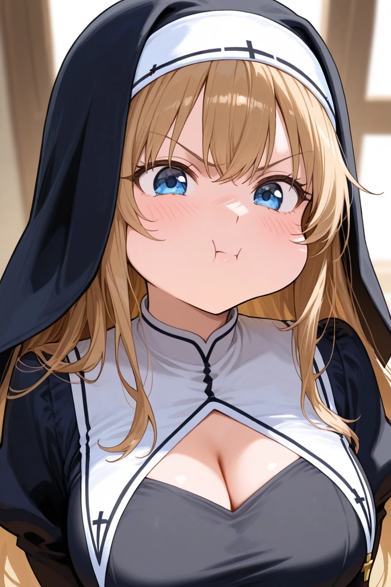 (1girl, Priestess \(goblin slayer!\), goblin slayer!), beautiful detailed eyes, Blue eyes, half-closed eyes,(tareme), (opened big mouth, licking, Sticky tongue), nsfw, (close-up mouth), (curvy, Slender),(cleavage), from above, Highest quality, Super detailed, masterpiece, Ultra-high resolution, 8k, Embarrassing, blush, Lovely, (With tears in my eyes), Sticky saliva