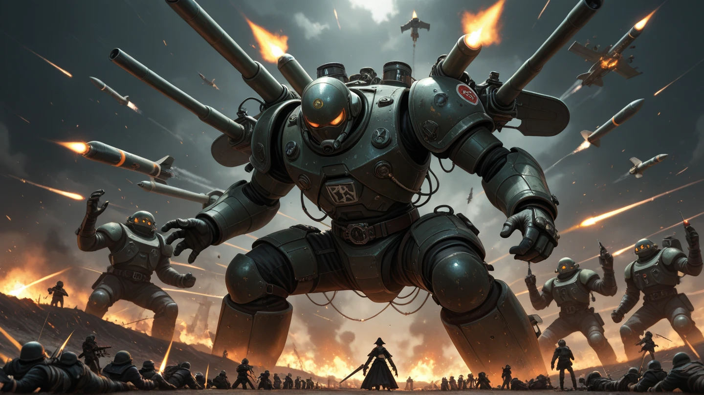 multiple person, war, Gothic_Fantasy, Battle line, battlefield,  line ry, missile, nuclear warhead