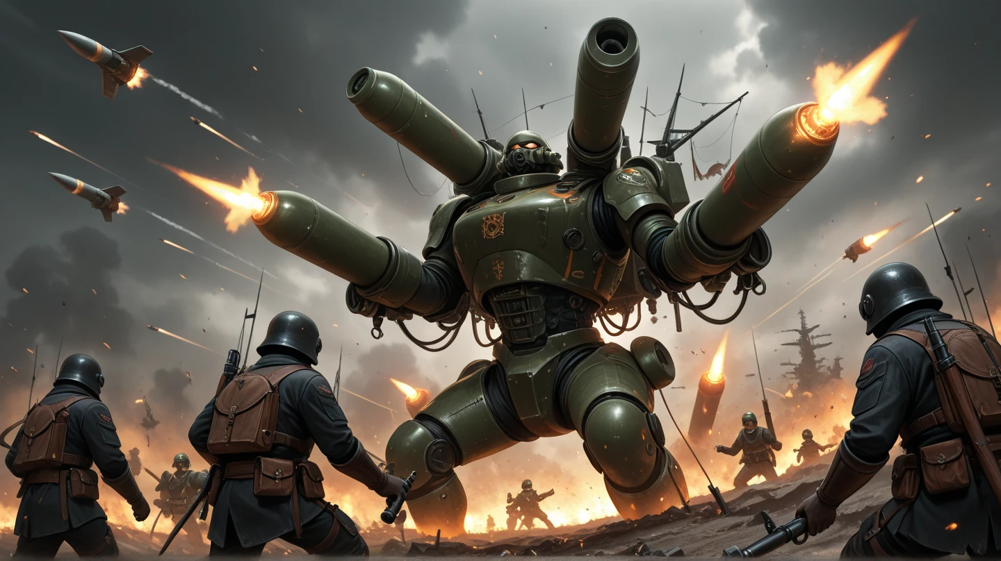 multiple person, war, Gothic_Fantasy, Battle line, battlefield,  line ry, missile, nuclear warhead