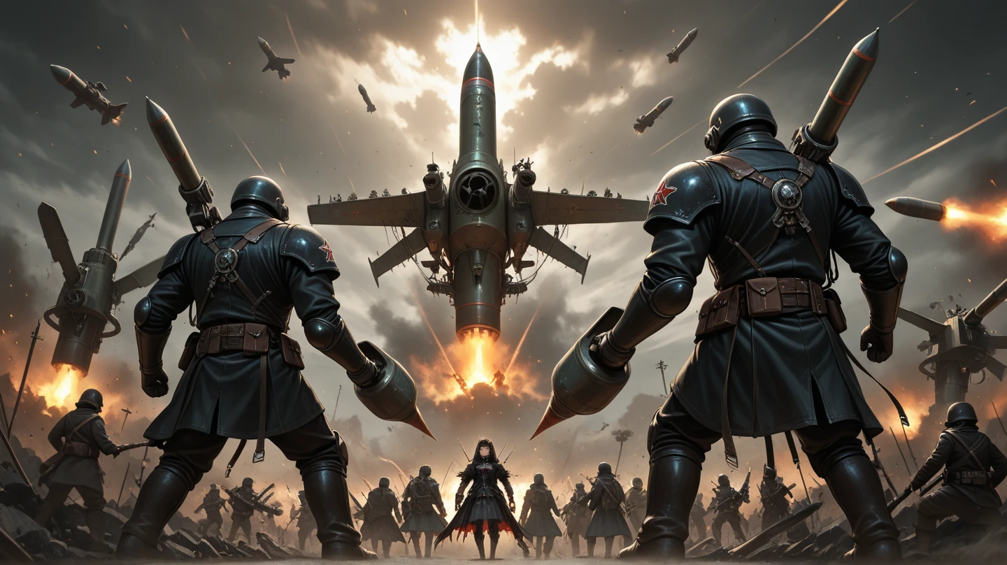 multiple person, war, Gothic_Fantasy, Battle line, battlefield,  line ry, missile, nuclear warhead