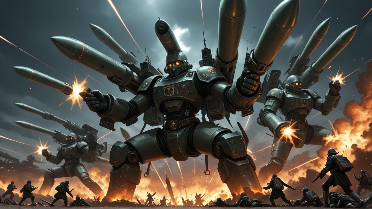 multiple person, war, Gothic_Fantasy, Battle line, battlefield,  line ry, missile, nuclear warhead