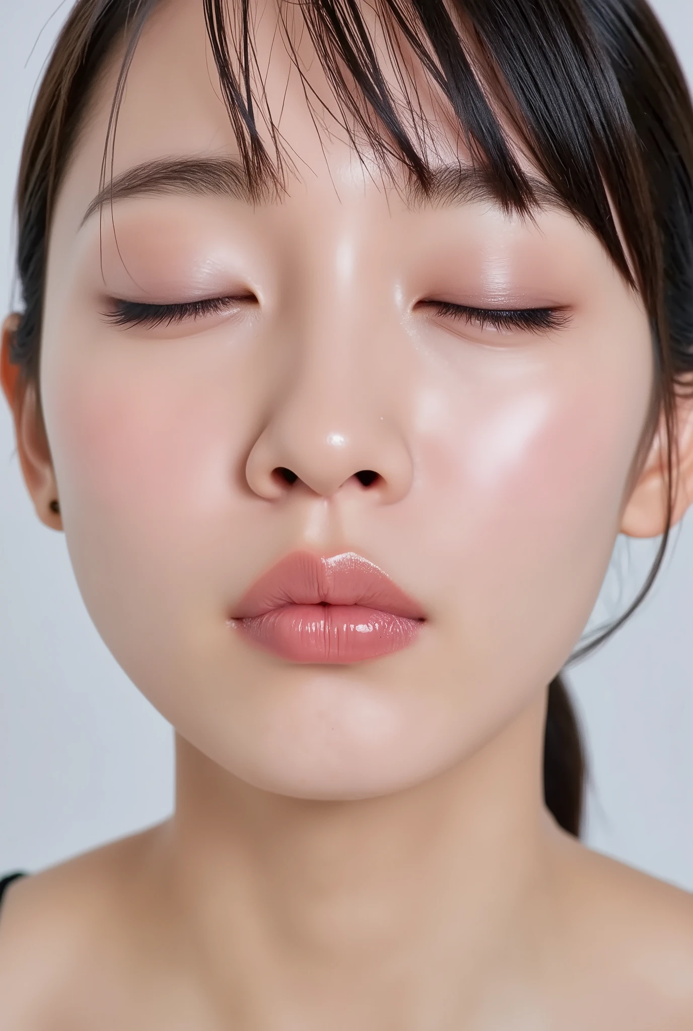 Japanese girl with flushed cheeks and a melting smile, eyes gently closed, lips tightly puckered and pushed forward in a kiss, intensely glossy with wet shine. She wears a black camisole, shown from collarbone up. Captured from a slightly high angle, as if inviting a kiss, in a pure white studio. Face and head fully framed, soft bare skin texture, max deredere mood and bashful joy.