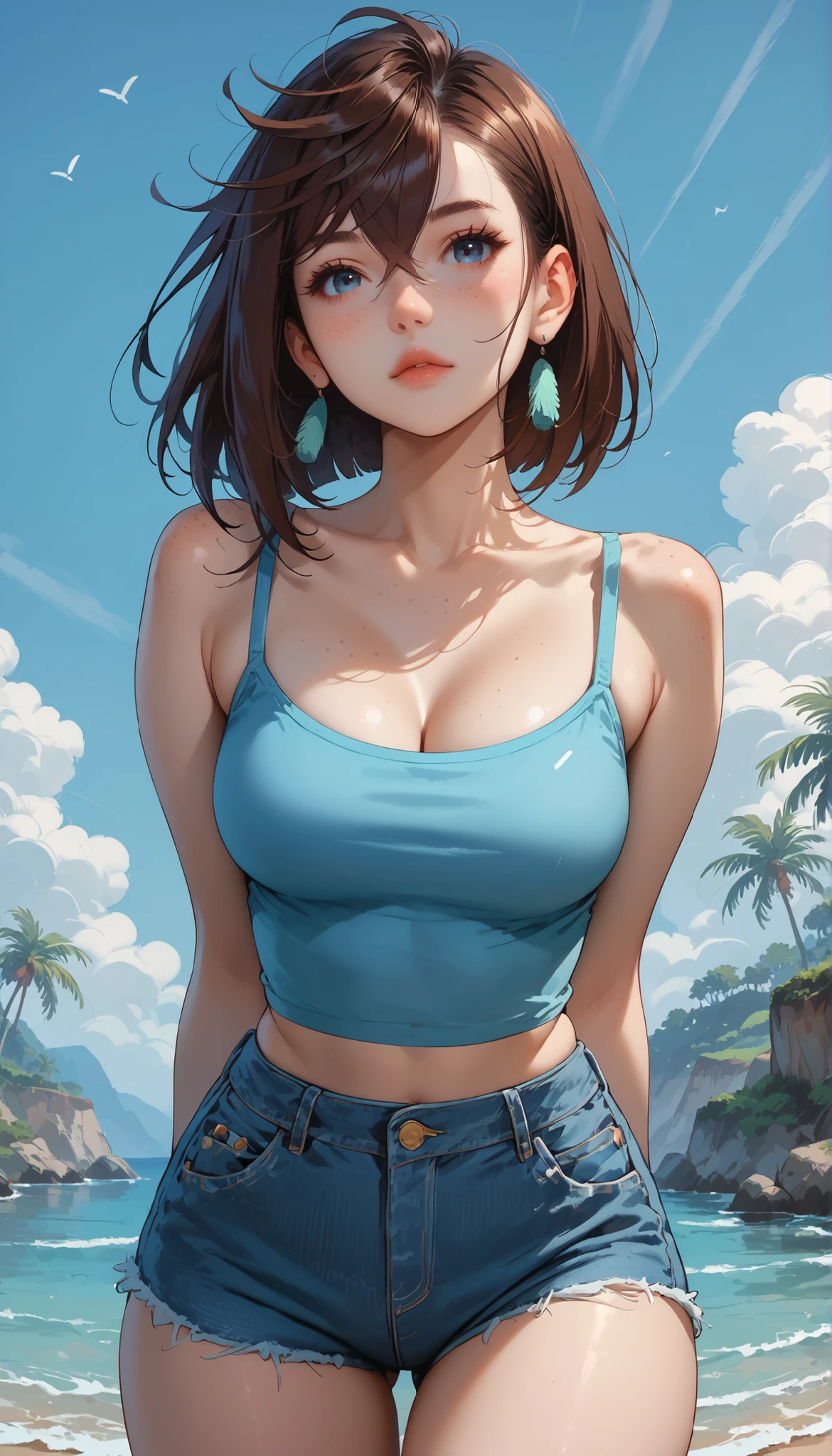 （natural， High resolution：1.3）， 1 girl with a perfect body， Super fine face and eyes.，by the wide， Random Color Tank Top.：1.2， short jeans， medium tits，expose cleavage