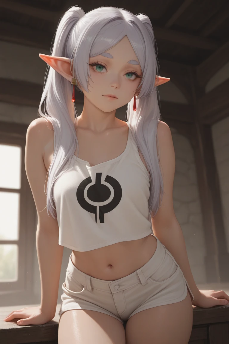 (masterpiece, best quality:1.2), 1girl,<lora:frieren-10:1>, frieren, (white hair, green eyes, long hair, elf ears), stare, ringed eyes, see-through, closed mouth, small breasts, ((simple background, black background)), up close, ((pink compression shorts, white t-shirt, middle thighs, thick hair, ass)),