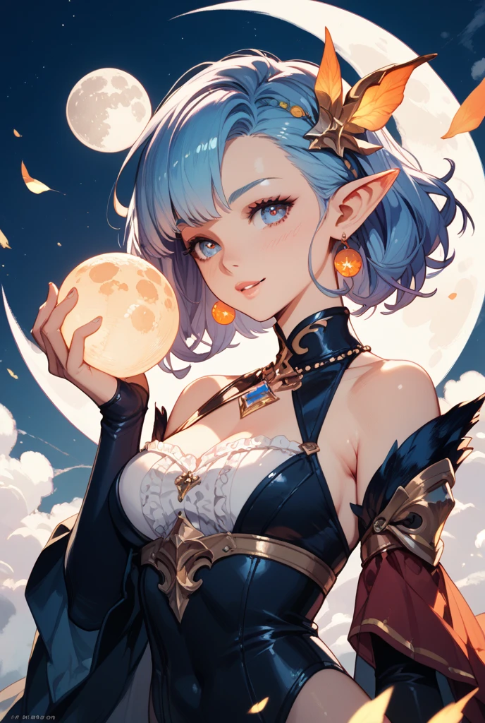 Maurice Sendak, Tony Ross, Yoshitoshi Abe, Surreal, mysterious, strange, fantastical, fantasy, sci-fi, Japanese anime, a beautiful girl in a miniskirt sitting on a crescent moon and having tea, perfect body, stars like confetti, detailed masterpiece