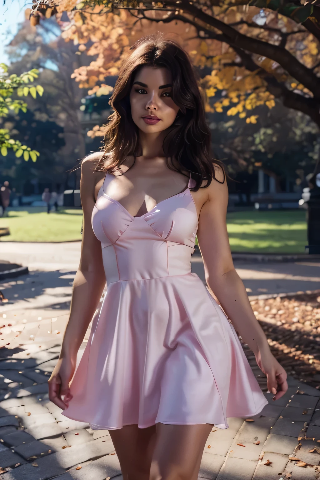 1 girl, skinny, thin, slim, lean, dainty, nubile, pretty, cute, posing for picture, teen, teenager, young, youthful, curly hair, flirting, fake tits, huge breasts, cleavage, looking at viewer,  disney world magic kingdom, wdw, pink sundress, hard nipples, big breast implants, pale skin, bimbo teenager, dress, 