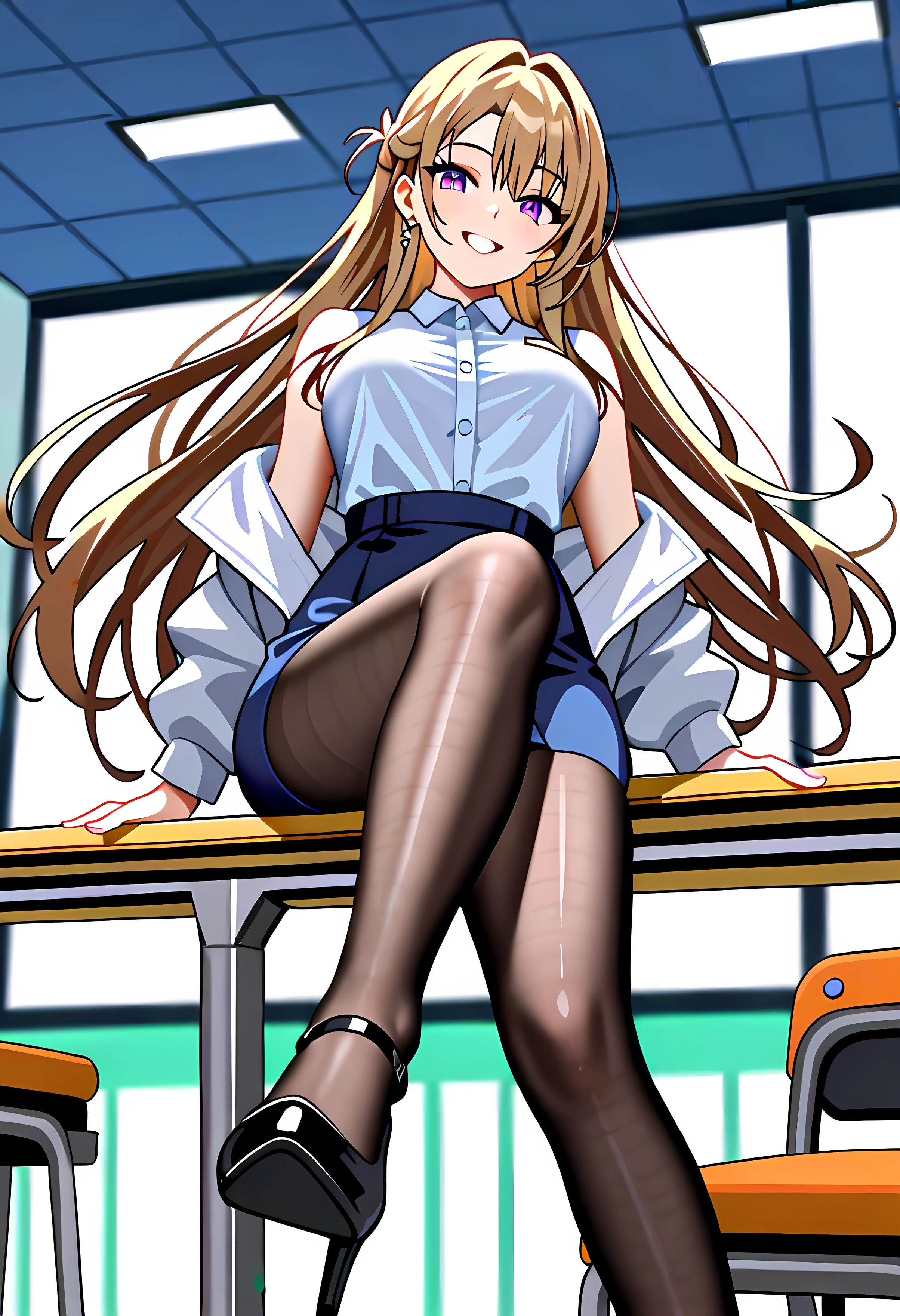 highlights,  wearing a business suit, light gray jacket, white blouse,Charcoal Pencil Miniskirt, silk brown pantyhose、sexy black patent leather high heels,  waist line that is only partially hidden,  her whole body is reflected from her feet , She's sitting on a bench in a glazed office building。, The height of the bench is 60cm,   low angle, brown hair, long hair, Floating Hair,  Ground View , charming smile, surrealism, I'll show you, Missionary Position Where Prospective Customers Become Ambiguous, Uhigh definition, retina, masterpiece, accurate, 解剖学的にaccurate, Textured Skin, Super Detail, More Information, high quality, 最high quality, high definition, 1080P, high definition, 4K, 8k, 16k