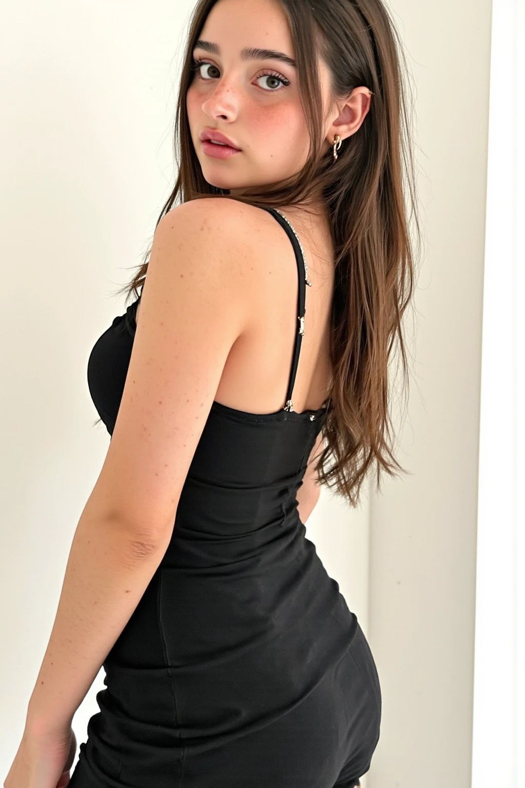 araffe woman in a black dress posing for a picture, wearing black dress, wearing a tight black dress, wearing a black dress, she is wearing a black dress, black dress, cute black dress, short dress, full body shot!!, alanis guillen, full body picture, wearing a dark dress, 30-year-old woman from cuba --auto