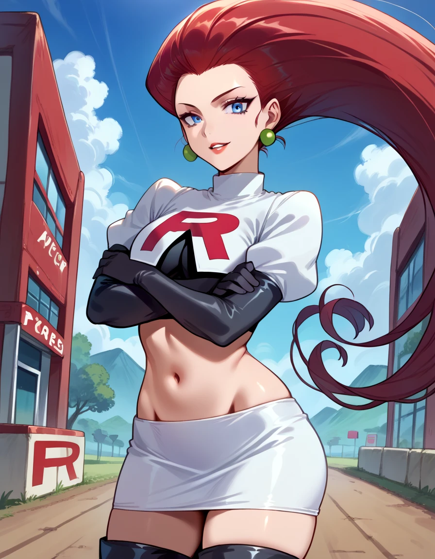 female, jessie, long hair slicked back, blue eyes, white team rocket uniform, dynamic pose, ambient lights, detailed,  <lora:TRJS:0.8>, short black gloves, red r on clothing, standing in a city, skirt