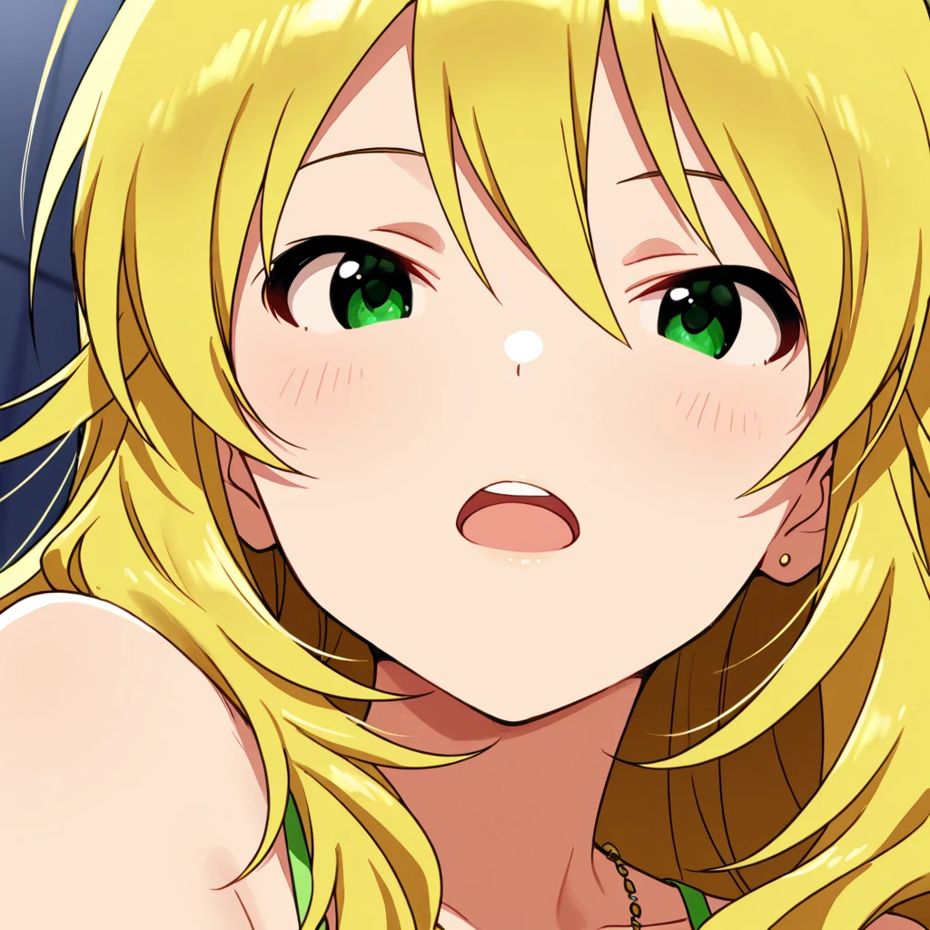An anime girl with white skin and blonde hair, green eyes, a naughty, blushing face and her tongue out.