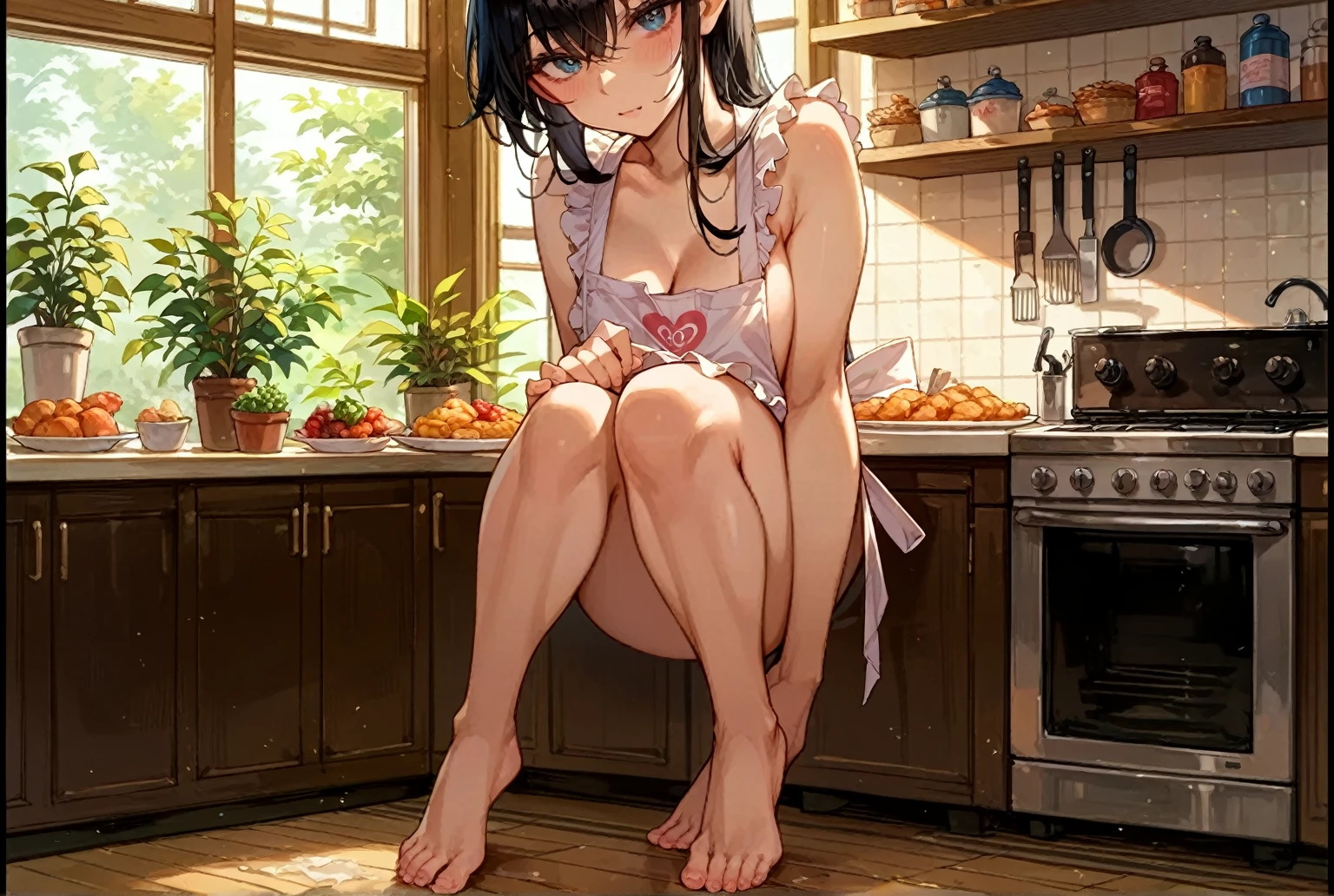 1 girl, ((naked)), (((visible pussy))), ((sitting having breakfast in the kitchen)), ((transparent seat)), (((NSFW)))