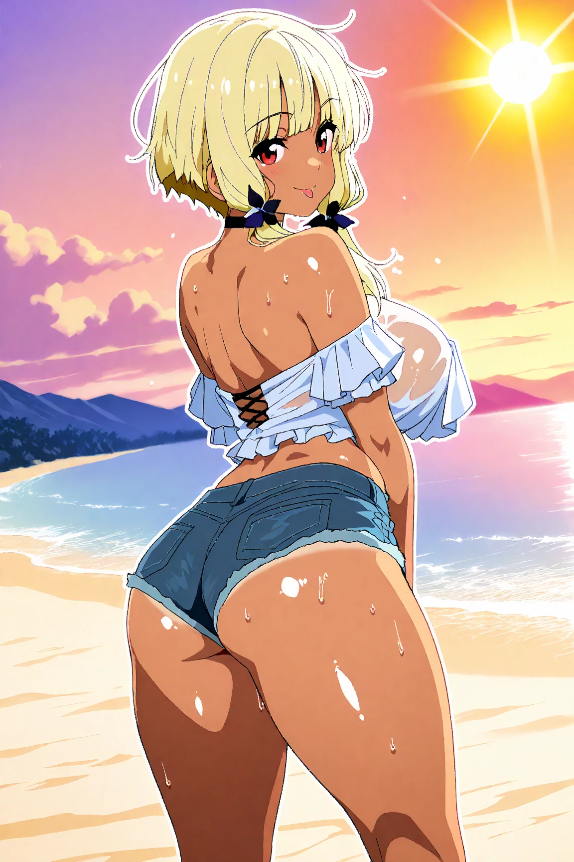 nsfw:1.4, Top quality, masterpiece, ultra high resolution, , (top quality, high resolution, 4K, detailed lighting, shaders, perfect anatomy, perfect proportions), eye of the beholder, (masterpiece, top quality) (top quality, 4K, 8K, high resolution, masterpiece: 1.2), highly detailed, (masterpiece: 1.3, top quality, ultra high resolution, ultra detailed), (top quality: 1.2), perfect eyes, perfect face, perfect lighting, (top quality, 4K, 8K, high resolution, masterpiece: 1.2), highly detailed, (top quality, 4K, 8K, high resolution, masterpiece: 1.5), highly detailed, masterpiece, top quality, ultra detailed, top quality, high resolution, 32K CG, very delicate and beautiful, illustration, high resolution, sharp focus, front lighting, glow, smiling, very beautiful and detailed anime face, very detailed eyes, ((masterpiece)), ((best quality)), (super detailed), ((cute)), cute, ((very detailed)), 4K, (8K), best quality, (best quality, 8K, 32k, masterpiece, super high resolution, very detailed, impressionistic:1.2), blurred background, four fingers and 1 thumb, Best quality ,
((Beautiful sunset)). Outdoors. ((((Deserted island beach)))). Girl. (((Running alone at full speed))). Water's edge. Calm, calm sea. ((Relaxed)). (((Blonde))). Thin hair. (((Hair neatly tied up high in a formal evening bun))). (((Bangs swept to the side, revealing a large forehead))). Beautiful blue-green eyes. Deep pupils. Pink lips. ((Big boobs)). Full breasts. Well-developed breasts. Well-shaped breasts. Narrow waist. Perfect proportions. Slender body. Well-proportioned body. Small pink nipples. ((White panties)). (((Topless))). Naked and tanned. Smiling. (Squinting eyes). Open-mouthed laugh. Red-faced. (((White choker))). ((White waist belt)). Earrings. Necklace. Bracelet. Anklet. Barefoot. (Full body). Side shot. Profile. (Gazes at viewer).