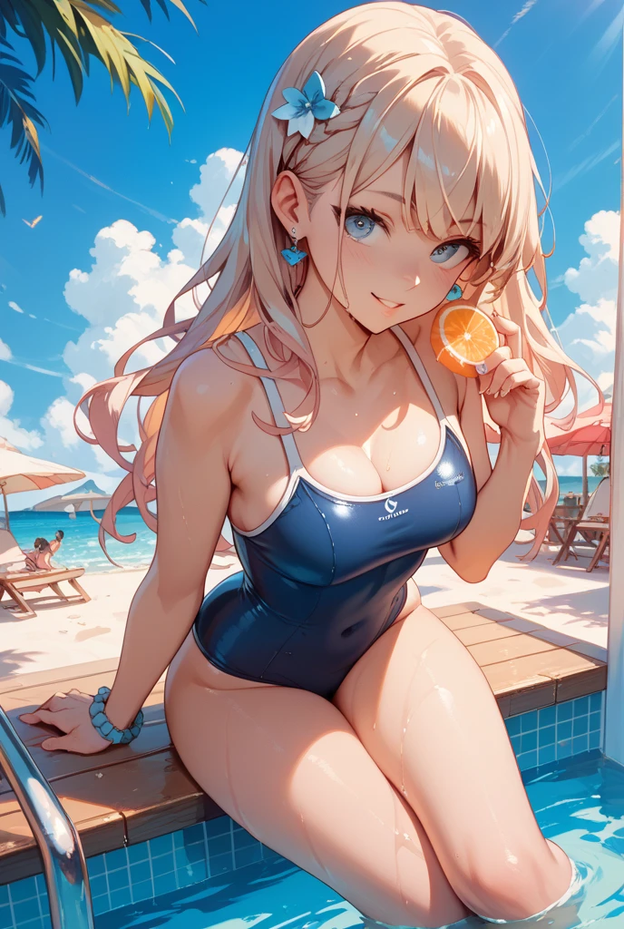 Gyaru girl with blonde hair and blue eyes tan skin and a smile and High Heels and Bikini