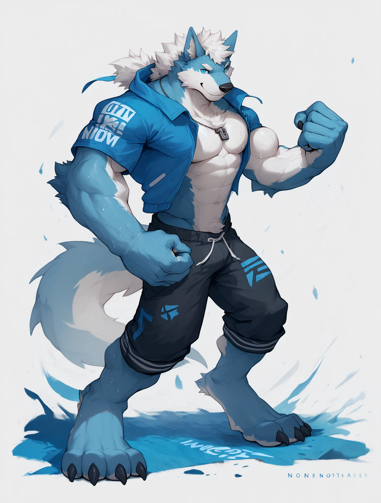 Masterpiece, Solo, Furry Light Blue Wolf, Light Blue Fur,Dark Blue Eyes, Dragon Wings, Bulking Body, Dad bod body, Cool Pose, Charming, Handsome, Life Guard outfit, wearing cap, Milk from tits , cum everywhere