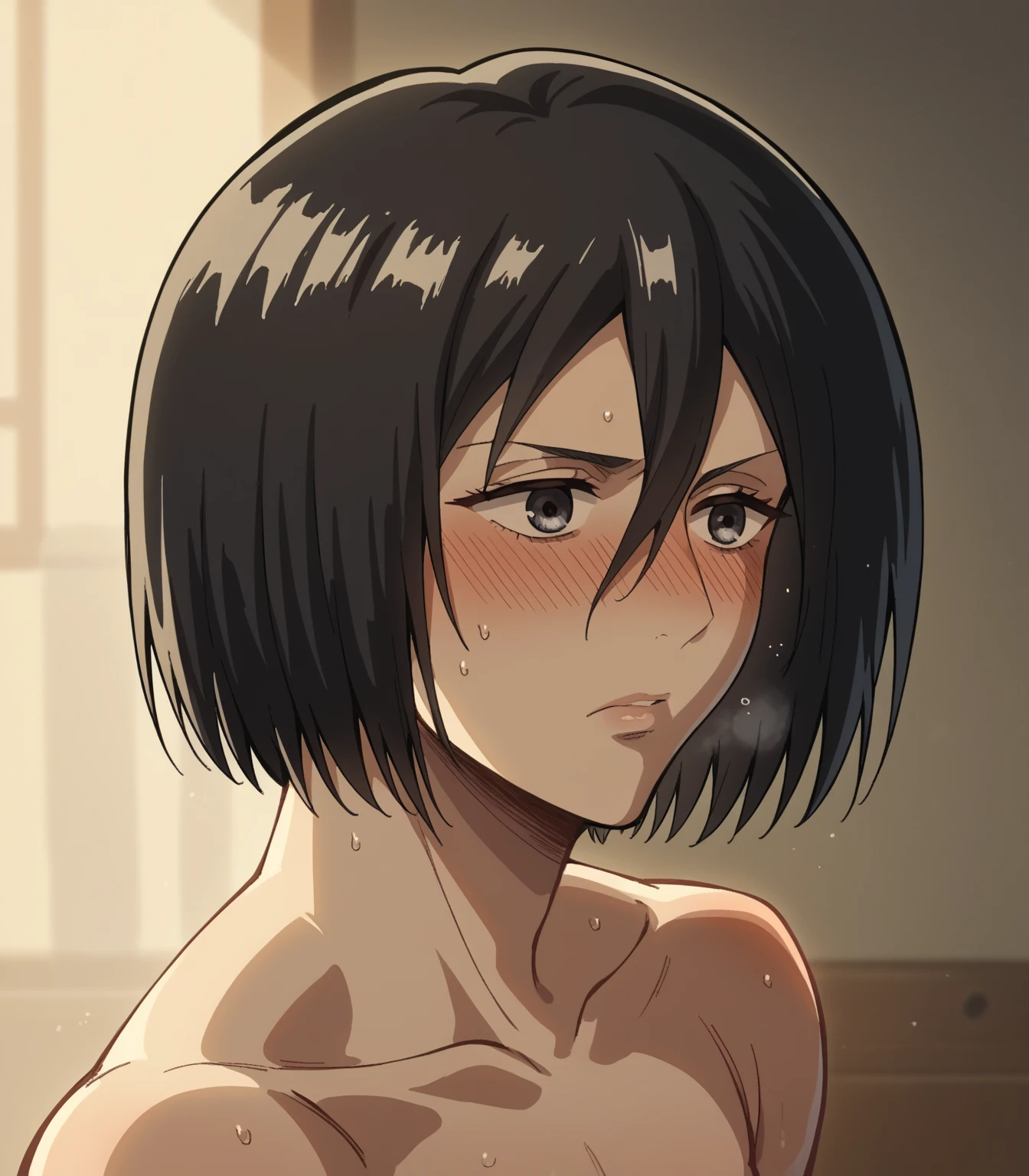 score_9, score_8_up, score_8, source_anime, shingeki_no_kyojin_s4_style, gabi braun, brown eyes, brown hair, single hair bun, ,upper body, looking at viewer, blush, navel, small breasts, legs, sitting, bed, nipples, looking at viewer, half eyes closed, nude, pussy, angry