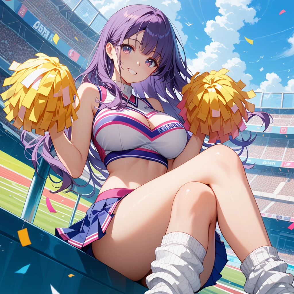 Masterpiece ,best quality , high resolution , ultra detail , (1 girl solo:1.38) , (Tanaka Mamimi , purple hair , purple eyes , two side up , gradient bang , twintall , make up) , (navel , belly , wear stockings , super mini skirt, strong wind, panties , skirt lift , cheerleader uniform) , (standing , cowboy_shot) , (cleavage:1.3) , (medium breast:1.3) , (holding pom-pom , cheerleading ) , (Outdoor, playground, baseball field, audience, cheers, ribbons, victory) , ( full face blush , shy , smile , open mouth) , (face viewer , look at the viewer)