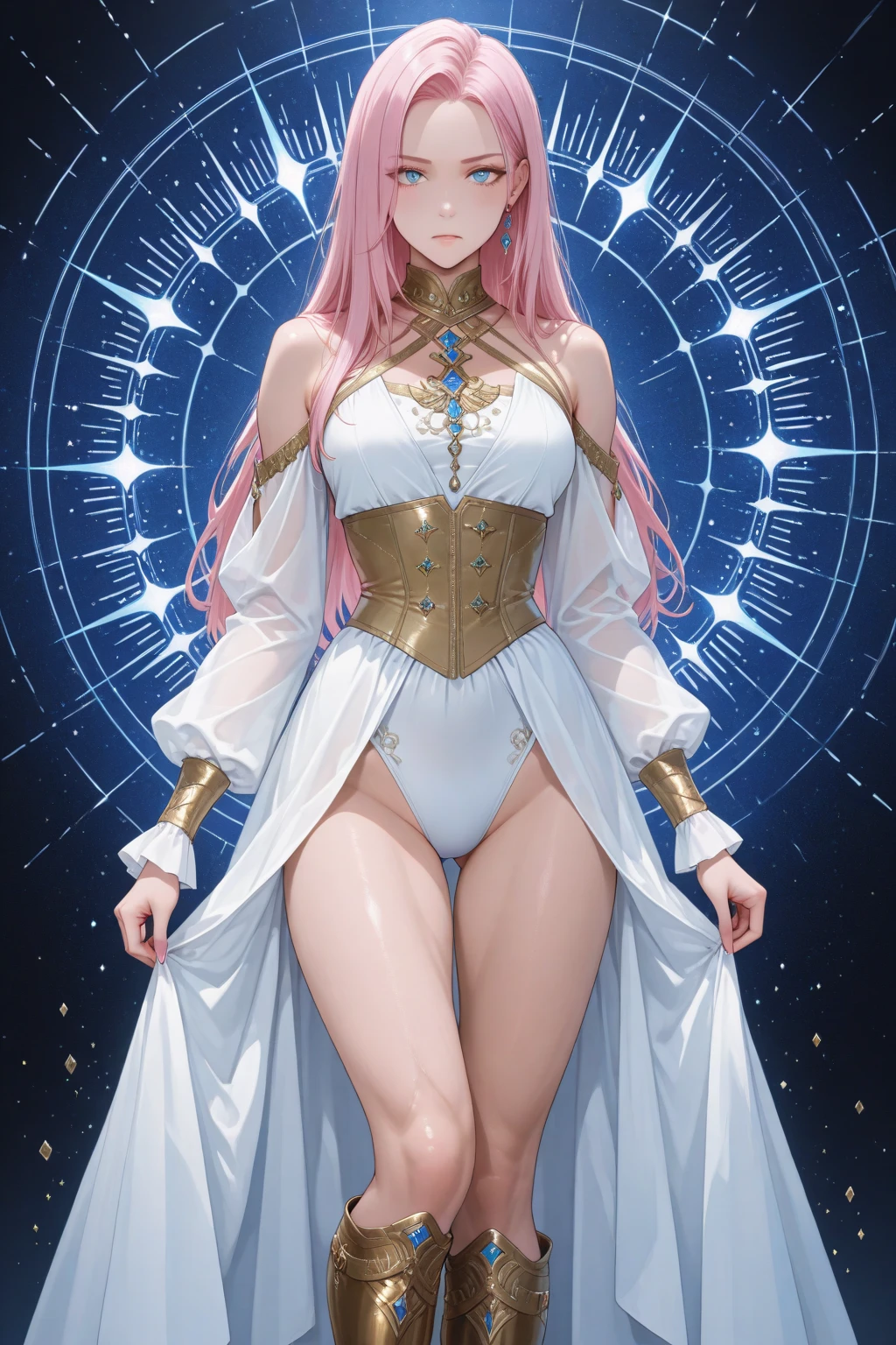 (masterpiece:1.2, best quality), (real picture, intricate details), 1lady, solo, upper body, showing legs, sitting down, space, space settings, long hair, minimal makeup, detailed face, smiling, really long pink hair, wavy hair, SUPER LONG WAVY PINK HAIR, bangs, hair between eyes, wavy hair, green eyes, big plump breasts, big ass, SFW, clothes, fancy clothes, goddess clothes, space, space settings, stars, (star), planets, goddess