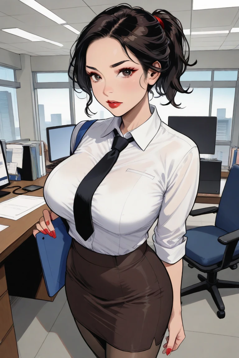 ol professional woman，shirt，Professional hip wrapped skirt，25 years old，Short Brown Bob,Large Breasts,拿着document,Exciting appearance，whole body，office，Modern city buildings，document，，High-quality illustrations，8K