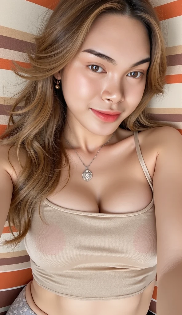 ((best quality, 8K, masterpiece: 1.3)), 1 girl, Slim abdominal muscle beauty: 1.3, (Casual hairstyle, Large Breasts: 1.2), skirt: 1.1, Super delicate face, Exquisite eyes, Double eyelids, Smile, On the bed,full-body shot,See the whole body,Creamy white thin skirt dress,Strapless underwear.Exquisite small earrings.princess hair style.Excited expression,eyelashes long.(Long blond hair, Ponytail),Legs open.Sweet and bright smile.Ass upturned.