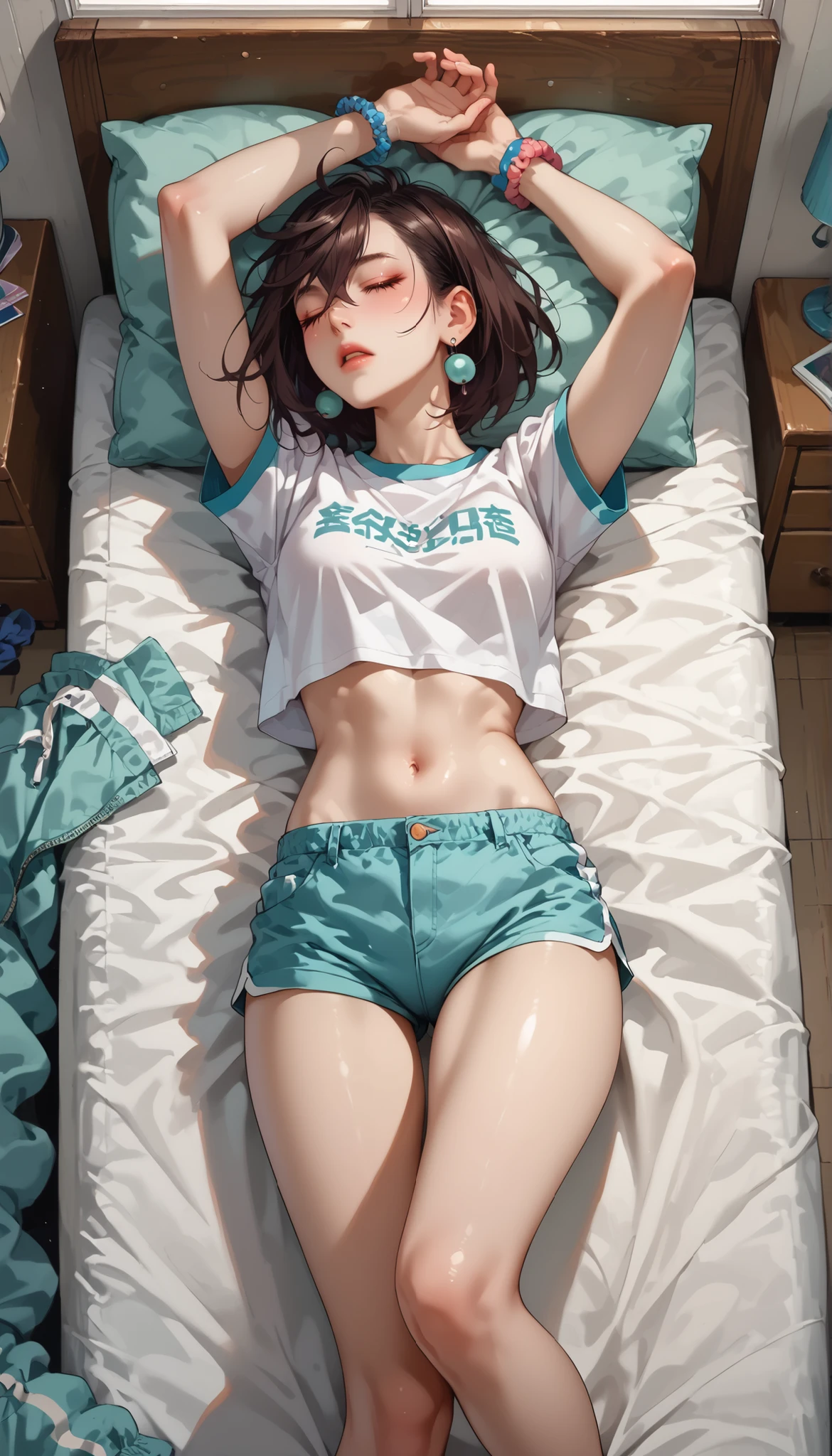 (nsfw:1.5),(((I want to see up to my knees:1.5、Esbian all over:1.5)))、masterpiece, High resolution, figure, Kyoto Animation Style, your name is movie style, night, midnight, Light, (1 female: 1.3), (alone: 1.4), Long eyelashes, Short Bob, Red nose, Lying down, naked, Lying on the bed、Tears are flowing、(outstretched hand:1.2)、Mr.々A pose、(上半身のみnaked)、big breasts、erect nipples、(Wide-open legs:1.5)、wide waist width、Grey sports bra