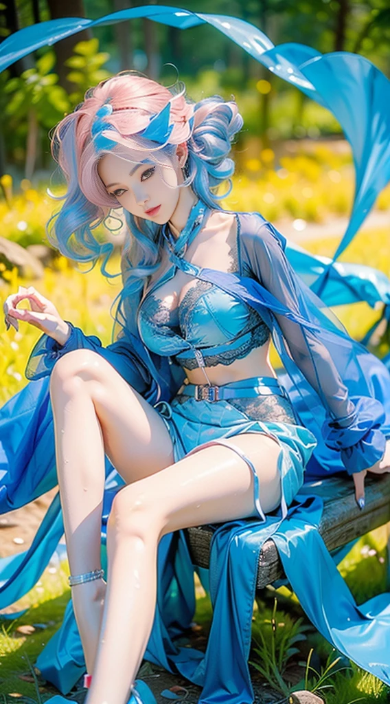 Sheer light blue fishnet stockings、Reduce milk、See-through pantyhose/stockings、Sheer underwear、Leaning forward、Pink Hair、Earrings、Forest