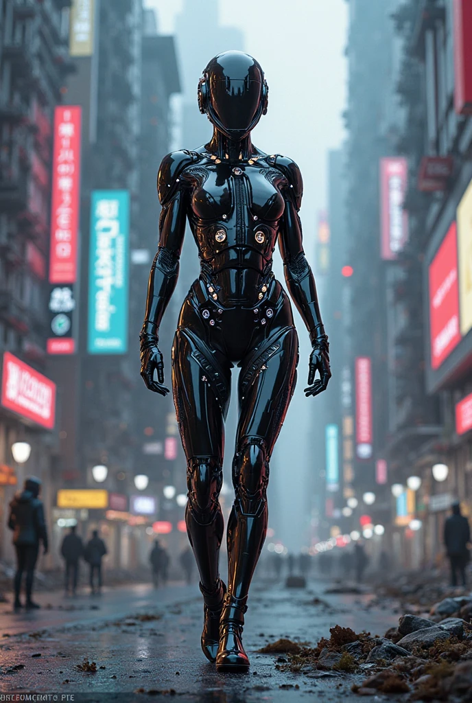 Woman's cyborg walking down the street in a crowd of people in the big city, defile show, high quality, best quality, absurdres, masterpiece, beautiful, intricate details, 1/2 body crop, slim body, beautiful figure, magnificent anatomy, (intricate details:1.12), HDR, (intricate details, hyper-detailing:1.15), (natural skin textures, hyper realisitc, soft light, Sharp:1.2)