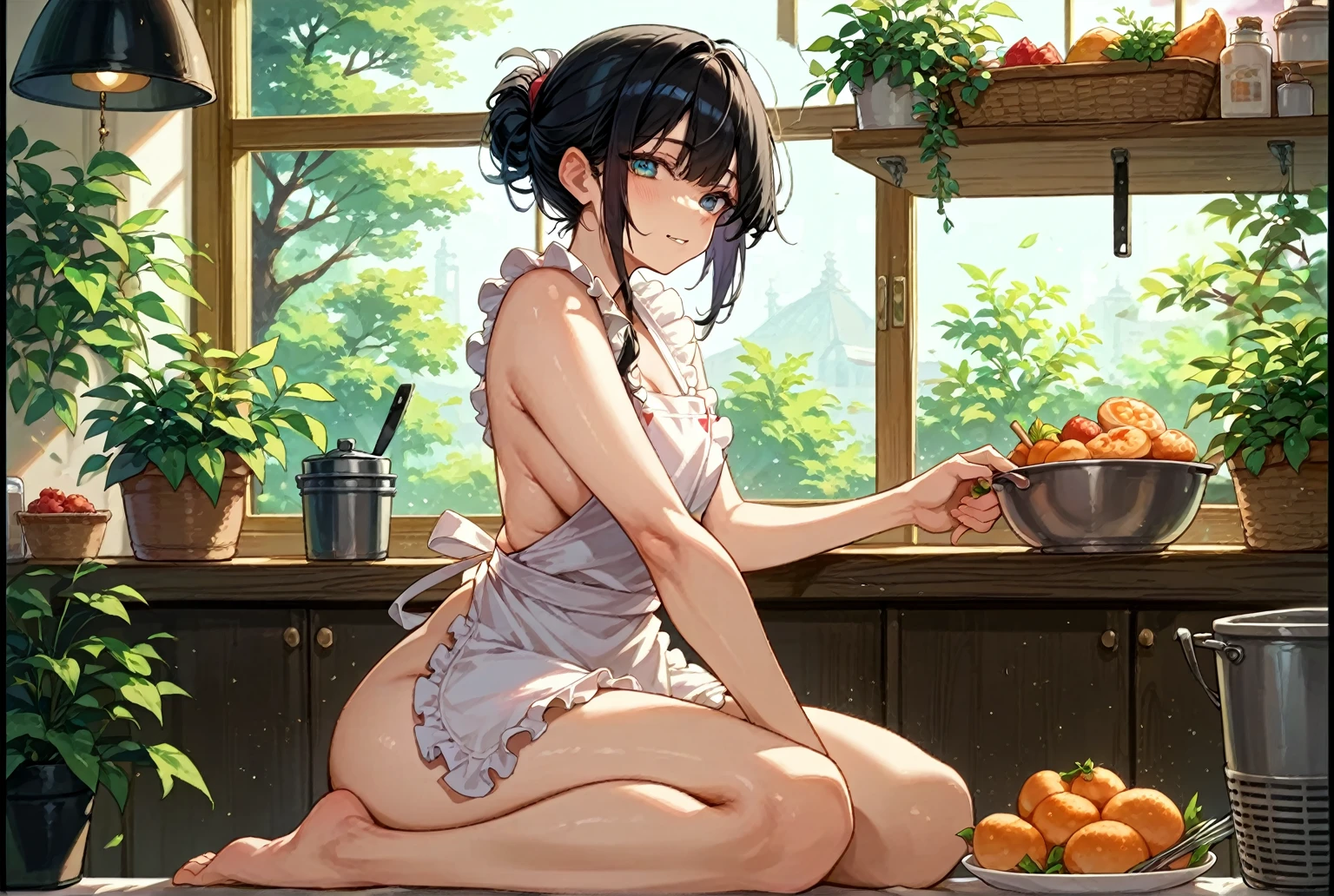 Average woman, soft pretty face, dark hair, European woman, (nude), no clothes, ((soft hips: 1.2)), sagging butt, large labia, ((tiny breasts: 1.3)), round eyes, (pubic hair), puckered lips, (big clit), ((sticky pussy)), perfect eyes, symmetrical eyes, ((flat chest)), (flat chested:1.2), (large nipples), perfect eyes, symmetrical eyes, ((view of her back: 1.3)), ((view from behind: 1.2)), cellulite, ((showing her butt), (((cellulite:1.3))), matte background, bent over the counter, (plump butt: 1.0), entire head and body image, ((her entire head and body must be in view)), ((hairy pussy)), ((pubic hair)), ((hairy labia)), ((plump body)), floral wallpaper