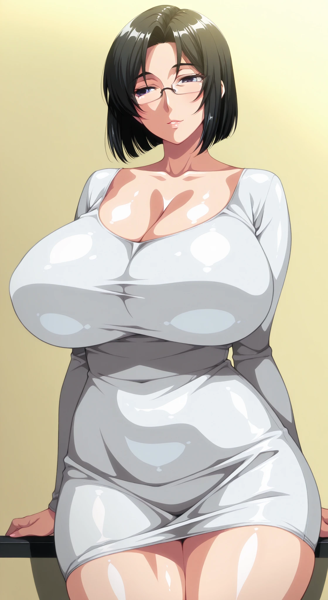 masterpiece, highest quality, High resolution, One girl, solo, sexual intercourse, Pornographic images, short hair, etsukoto, brown Eyes, fine grain, fine grain, (((Thick thighs, Plump thighs, Voluptuous thighs, Thighs alone are enough))), Huge and ample breasts, Cleavage, big long breasts, Naughty big,((big breasts are important))、((Naughty thighs)), L Cup, (thin:1.4),(Tight waist:1.4), (white swimsuit:1.4), Embarrassed look, blush, (((Simple Background))), ((Wide Hips)), Shiny, Oily skin, Mature mother, Calf, Seductive mature woman, milf, Perfect body, Plus Size Model, curvy, ample, etsukoto, blush, clavicle, retro artstyle, 1990s (style), (thick thighs:1.4), ((undersized swimsuit)), bursting breast,
