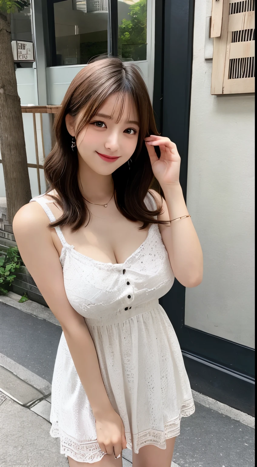 Tabletop, highest quality, figure, Super detailed, In detail, High resolution, 8k wallpaper, Perfect dynamic composition, Beautiful fine details, dress,Medium Hair, Big Breasts, Natural color lip, Random sexy poses,smile,Aoyama Street Walk、20-year-old girl、night