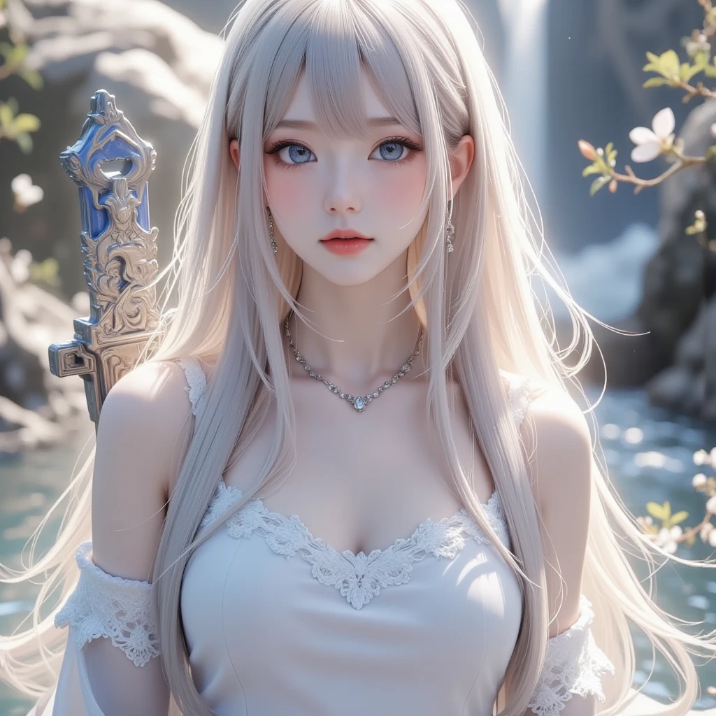 crawl　a beauty girl　White hair　moderately sized breasts　length hair　white  clothes　Short skirt　smil　Eye