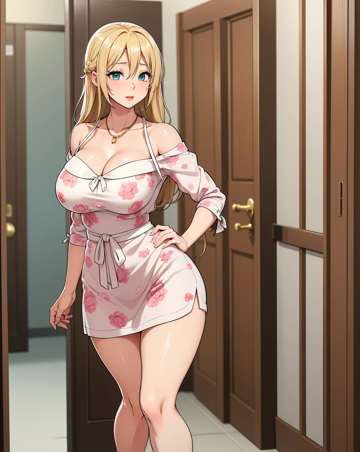 An extremely beautiful stunning woman with a perfect busty body, gold blonde long silky hair, big blue eyes, extremely super bright snow white fair stunning flawless glowing lush shiny flawless white skin, a perfect tight hourglass figure, and a skinny waist, sexy thick smooth luscious legs and thighs, extremely cute smile on the face, bright pink blushes on cheeks, wearing a short sexy tight revealing white floral dress along with a pink sash around the waist and a brown off-shoulder sweater, yellow heels, gold necklace on the neck, gold anklets on feet, gold chain on the waist, standing straight, holding a red roses bouquet, street in the background, show full body from head to feet.
