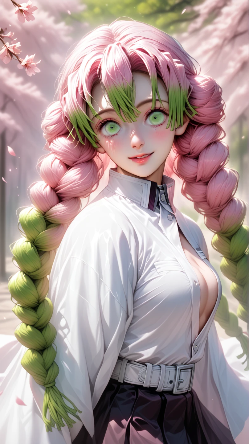 how well you'd do as your favourite anime girl? | anime_cute, 1girl, solo, kanroji mitsuri, multicolored hair, green eyes, mole, pink hair, braid, green hair, sweater, long hair, gradient hair, mole under eye, looking at viewer, twin braids, breasts, parted lips, off shoulder, lips, sleeveless, autumn leaves, bare shoulders, autumn,mitsuri(demon slayer)