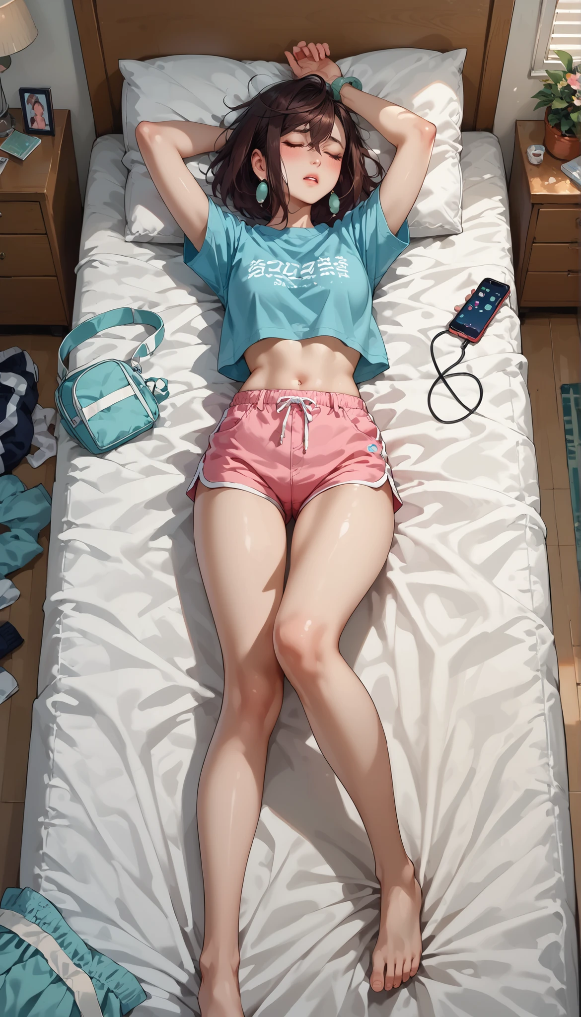 Albino, pretty girl, one girl , full body shot, detailed skin, ultra-detailed, slim body) , large earring, thighs, (beautiful short hair),, fine collarbone, soft navel, soft midriff, soft back, angle from behind, sweaty, beautiful breasts, blush, photorealistic, realistic face, realistic eyes, smirk (((colorful))) (((cleavage))), (freckles), (eye liner), (mascara), ((very sweaty)), ((wet thighs)), ((spreading thighs)), ((hands on thighs))  , (extremely detailed CG 8k wallpaper), (an extremely delicate and beautiful), (masterpiece), (best quality:1.0), (ultra highres:1.0), beautiful lighting ,perfect lightning, realistic shadows, [highres] , (girl wearing short school uniform:1.4, ) , (laying on stomach in  the bed) , (ass appears) , disrobed , noclothes , PUBIS uncovered , BUTT EXposed , uncovered ,  appears