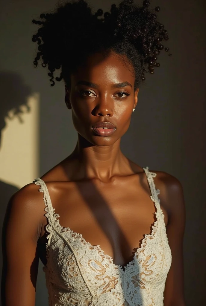 cute afro, Dark skin, teenager, beautiful face, deep ebony, showing breasts, SFW